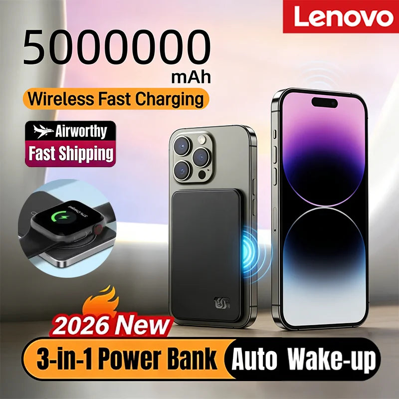 Lenovo 500000mAh Magnetic Power Bank PD22.5W Fast Wireless Portable External Spare Battery Pack for Magsafe For iPhone Samsung